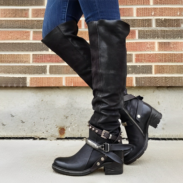 Women's Belt Buckle Chunky Heel Boots