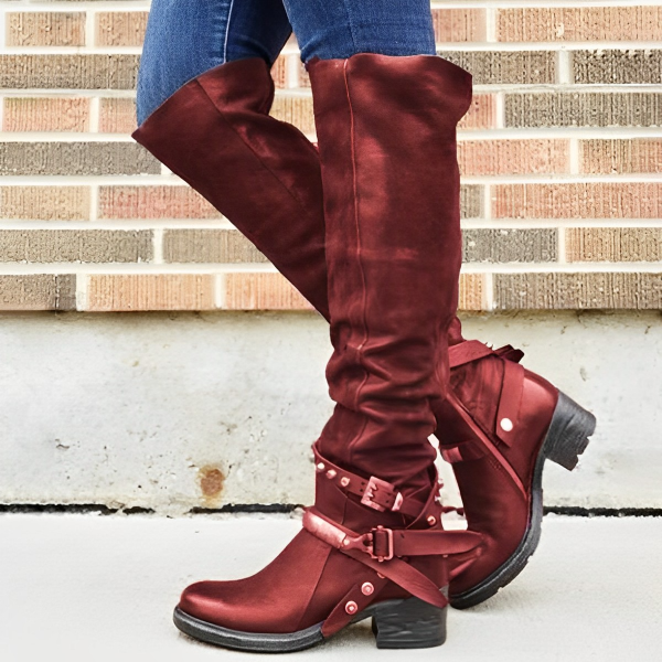 Women's Belt Buckle Chunky Heel Boots