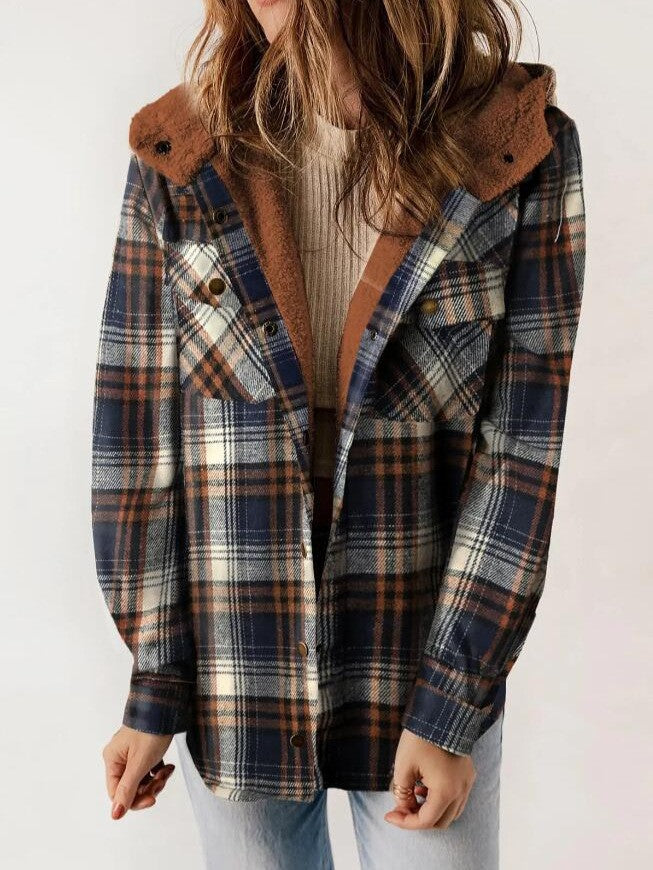 Women's Plaid Flannel Wool Coat – Hooded with Pockets