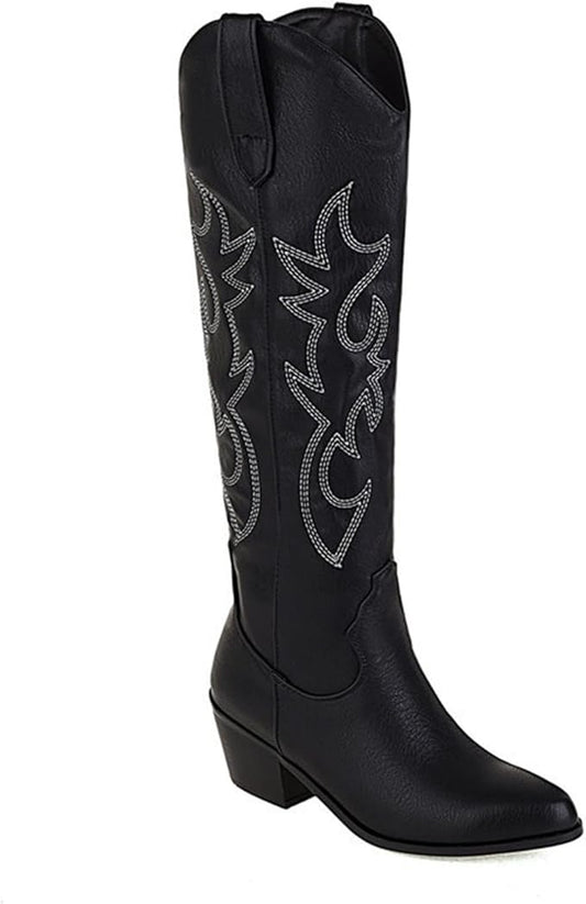 Womens Retro Tall Cowboy Boots – Embroidered Knee-High, Chunky Heel