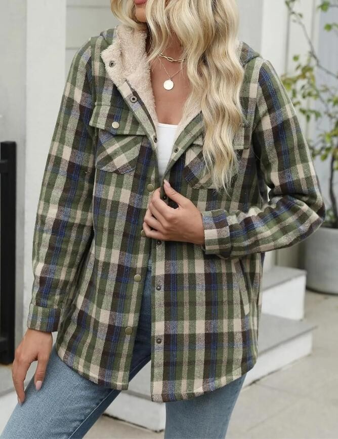 Women's Plaid Flannel Wool Coat – Hooded with Pockets