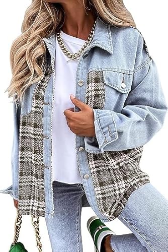 Denim Plaid Cotton Jacket for Women – Boyfriend Oversized Fit