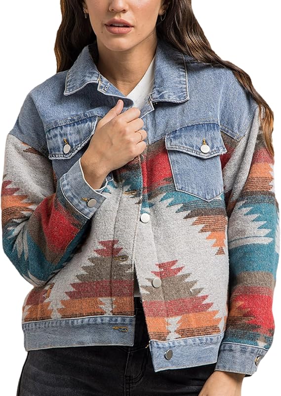 Women's Aztec Style Denim Jacket – Vintage Lapel