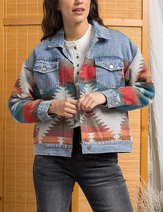 Women's Aztec Style Denim Jacket – Vintage Lapel