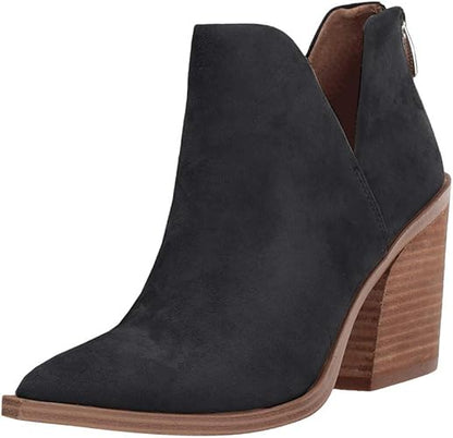 V-Cut Back Zipper Faux Leather Ankle Boots