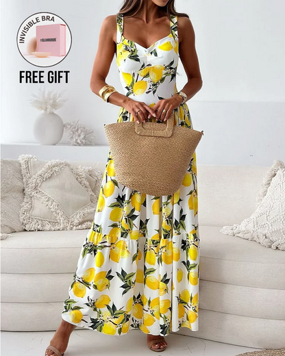 Lemon-Print Summer Strappy Dress