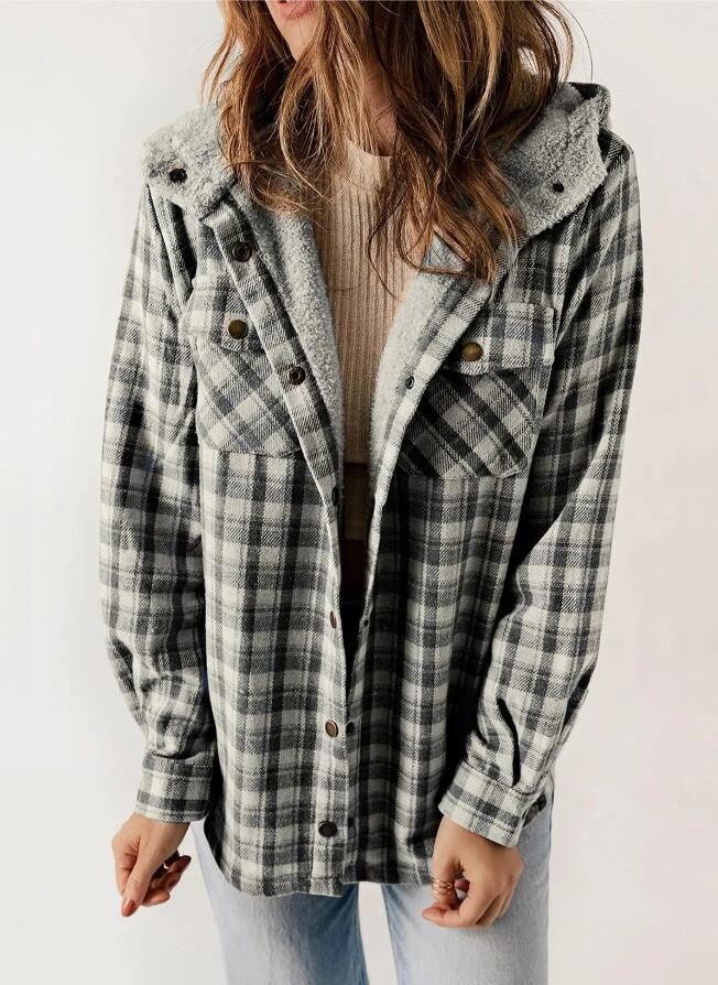 Women's Plaid Flannel Wool Coat – Hooded with Pockets