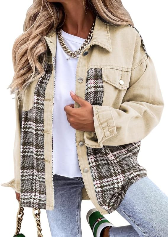 Denim Plaid Cotton Jacket for Women – Boyfriend Oversized Fit