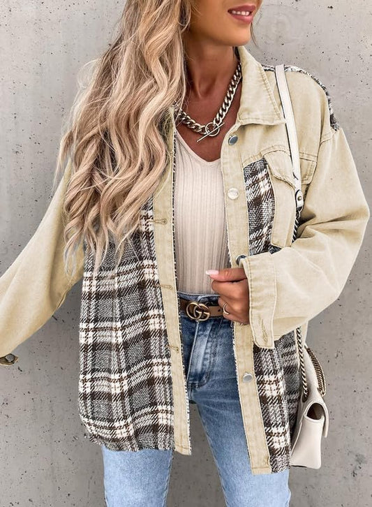 Denim Plaid Cotton Jacket for Women – Boyfriend Oversized Fit