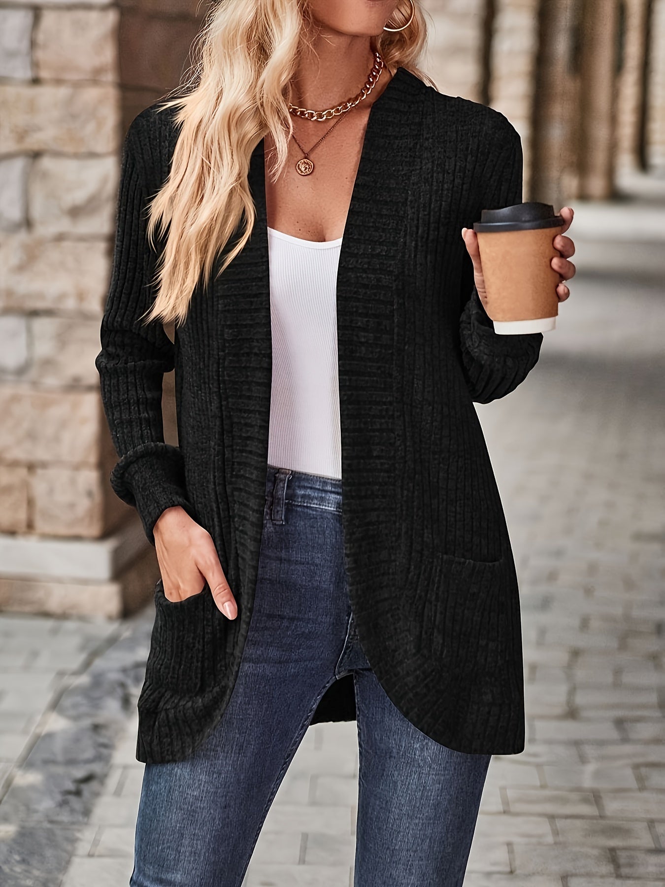 Women's Solid Colour Long Sleeve Open Front Cardigan