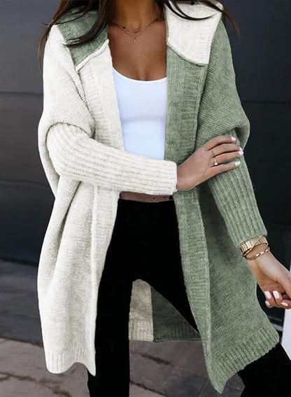 Hooded Color Block Knit Cardigan for Ladies