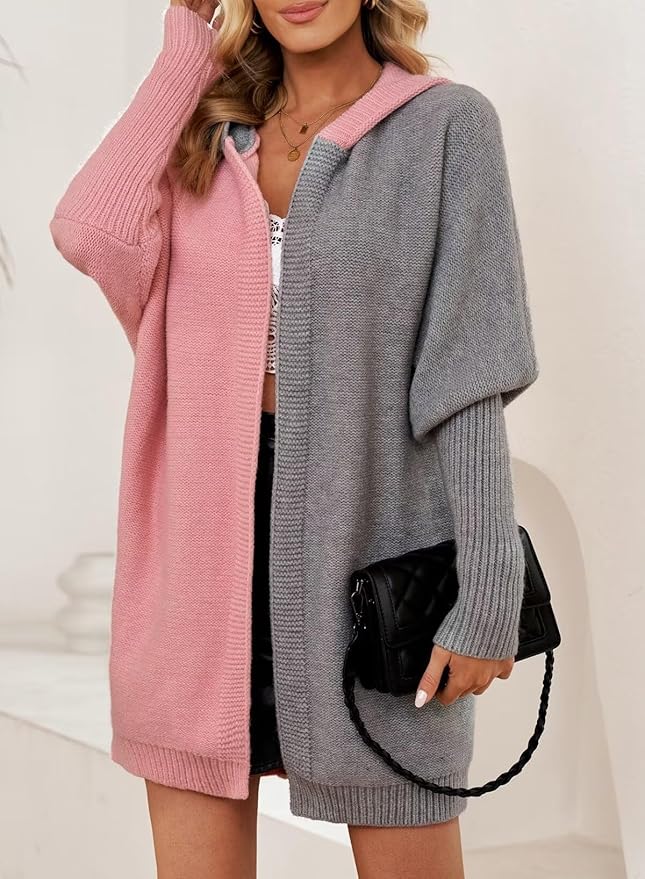 Hooded Color Block Knit Cardigan for Ladies