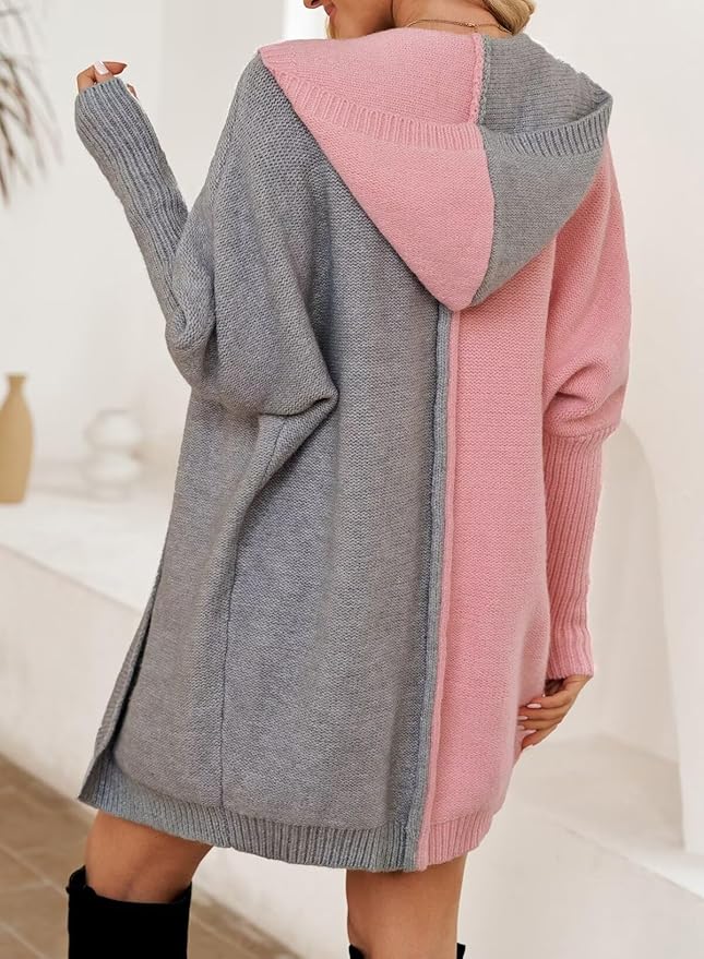 Hooded Color Block Knit Cardigan for Ladies