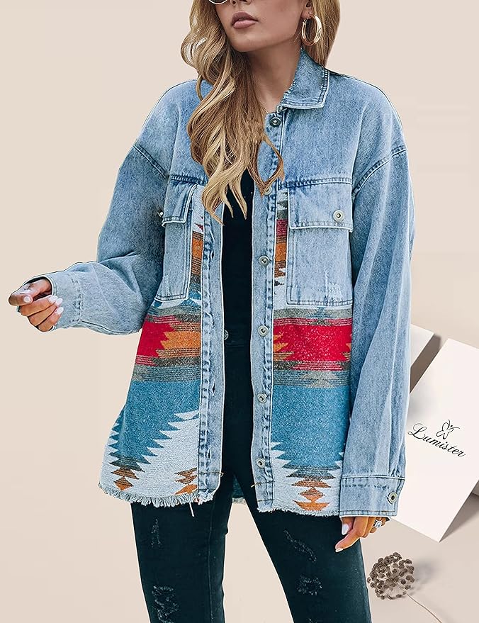 Aztec Distressed Denim Vintage Jacket