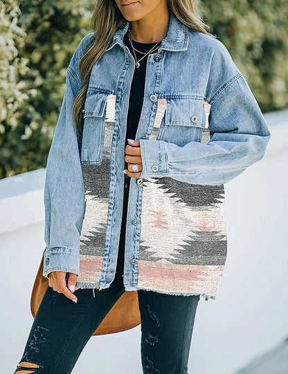 Aztec Distressed Denim Vintage Jacket