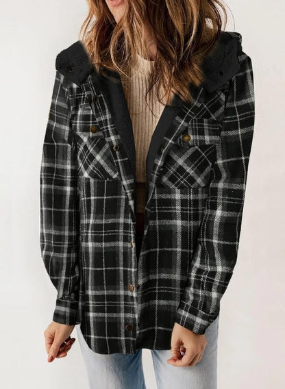 Women's Plaid Flannel Wool Coat – Hooded with Pockets