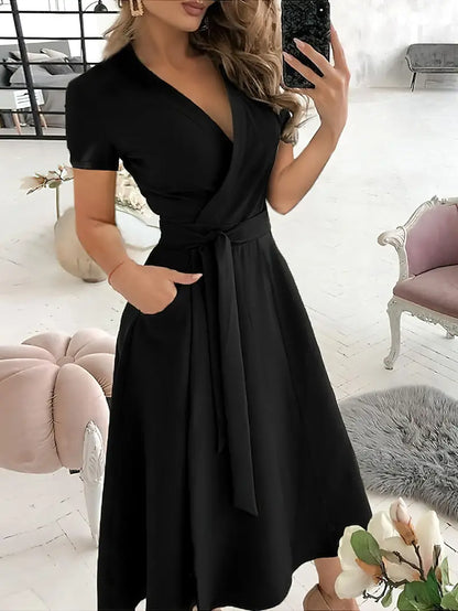 Solid Dress with Wrap Neckline and Tied Waist