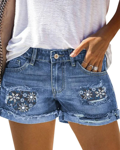 Audrey I Spring summer printed patchwork denim shorts, sexy hot pants