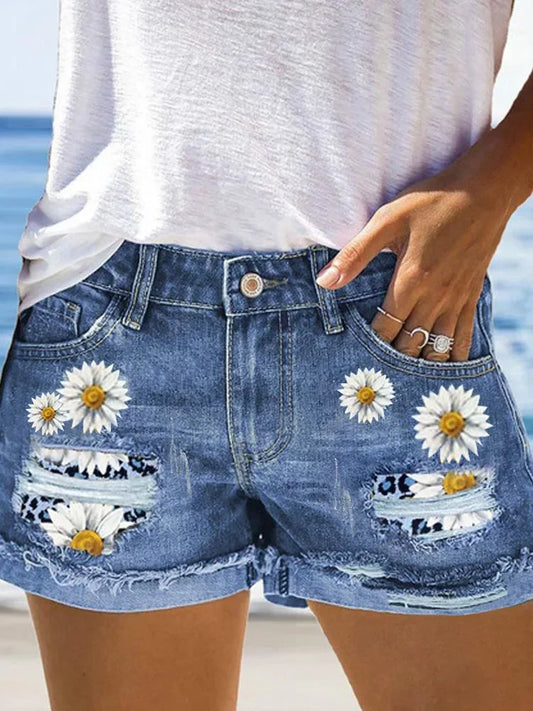 Eleanor I Printed High-Waisted Denim Shorts