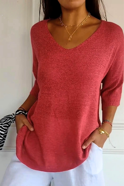 Shinna - Solid Color V-neck Knitted Top