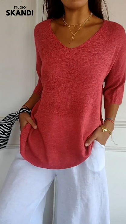 Elisa | Solid Colour Knitted V-neck Top