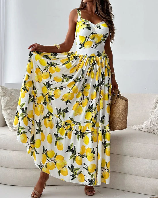 Lemon-Print Summer Strappy Dress