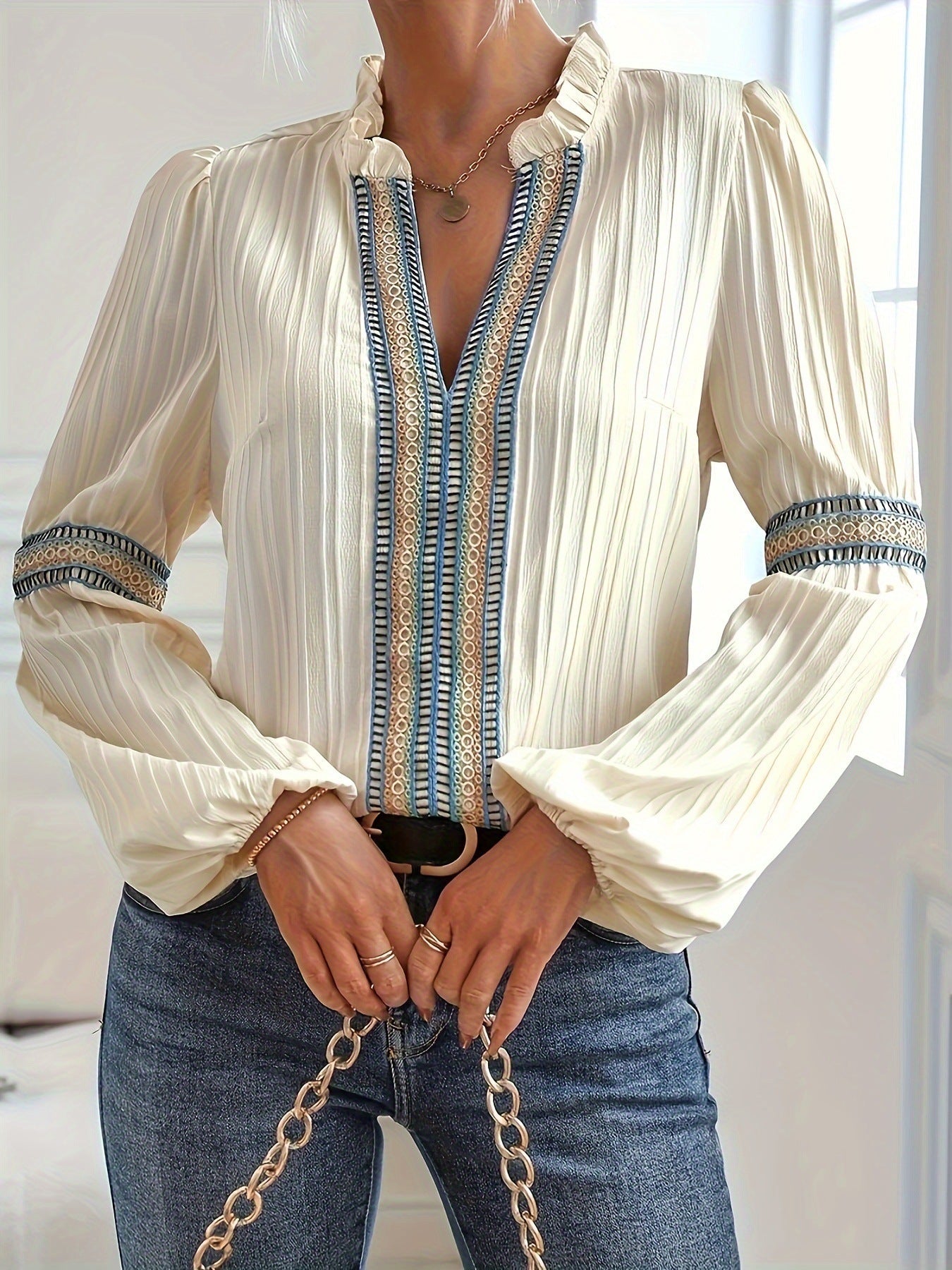 Bohemian Long Sleeve Blouse with Tribal Details