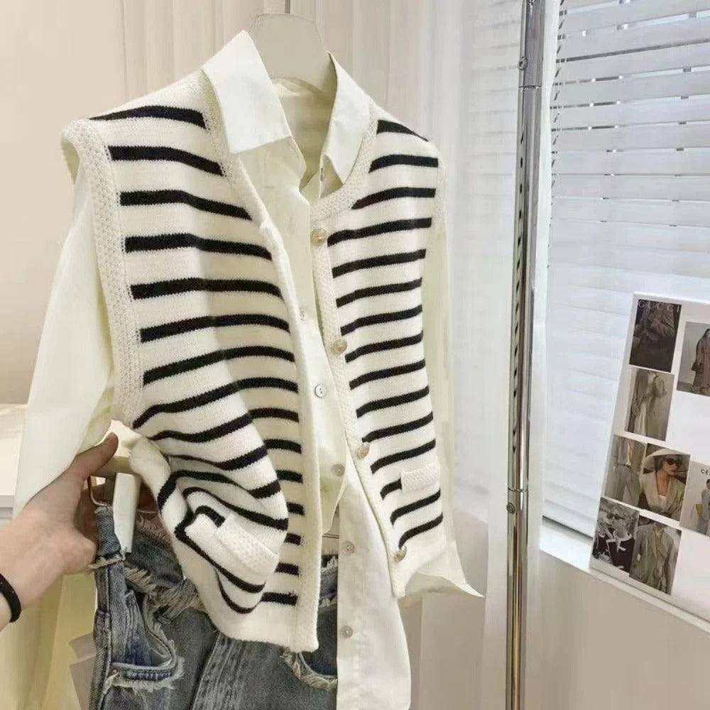 Elegant Chic Knit Vest Stripe Sleeveless Cardigan for Women