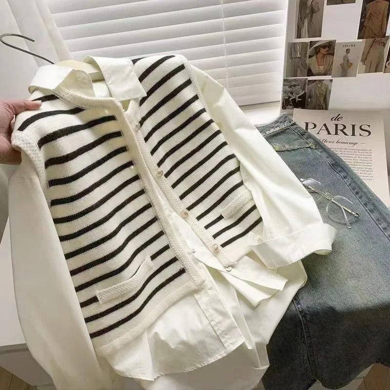 Elegant Chic Knit Vest Stripe Sleeveless Cardigan for Women