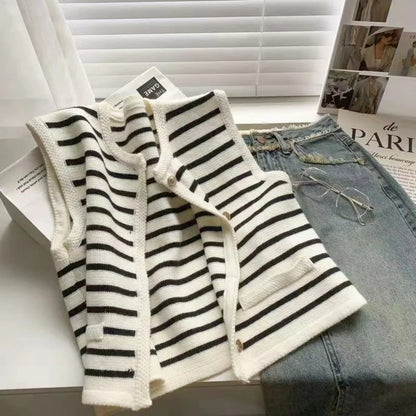 Elegant Chic Knit Vest Stripe Sleeveless Cardigan for Women