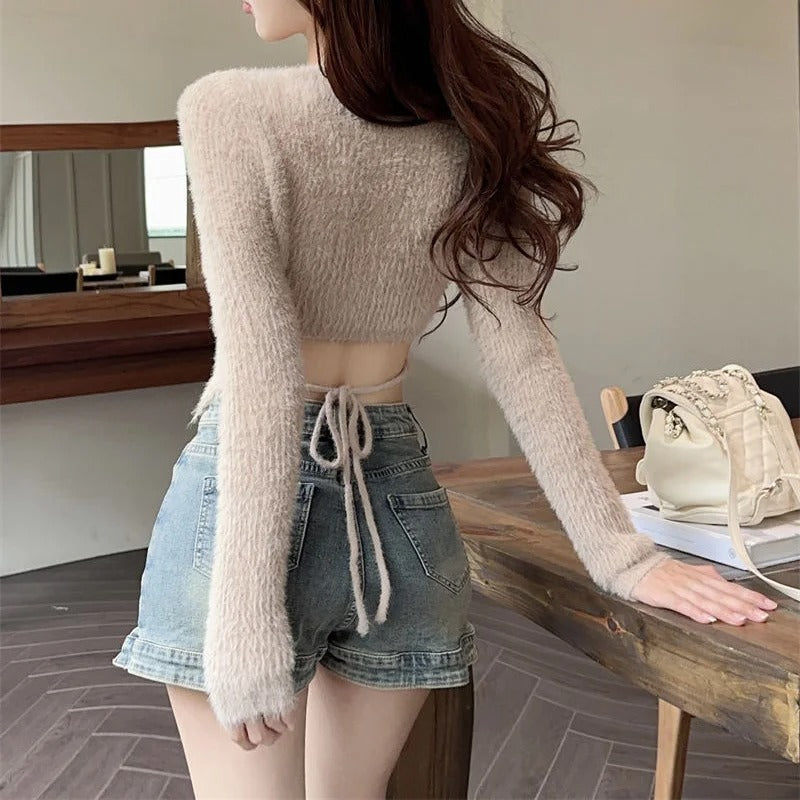 Long Sleeve Backless Crop Top Knitted Jumper