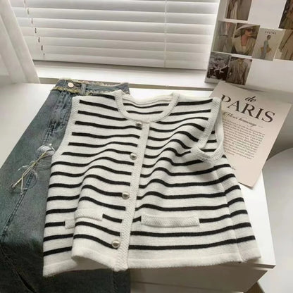 Elegant Chic Knit Vest Stripe Sleeveless Cardigan for Women