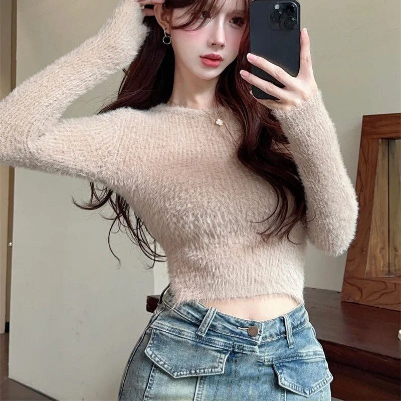 Long Sleeve Backless Crop Top Knitted Jumper