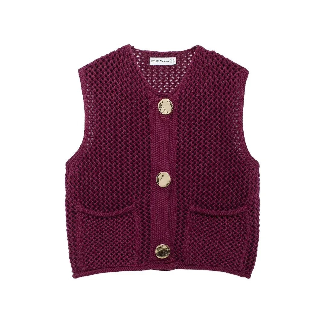 Stylish Crochet Cardigan Vest with Patch Buttons