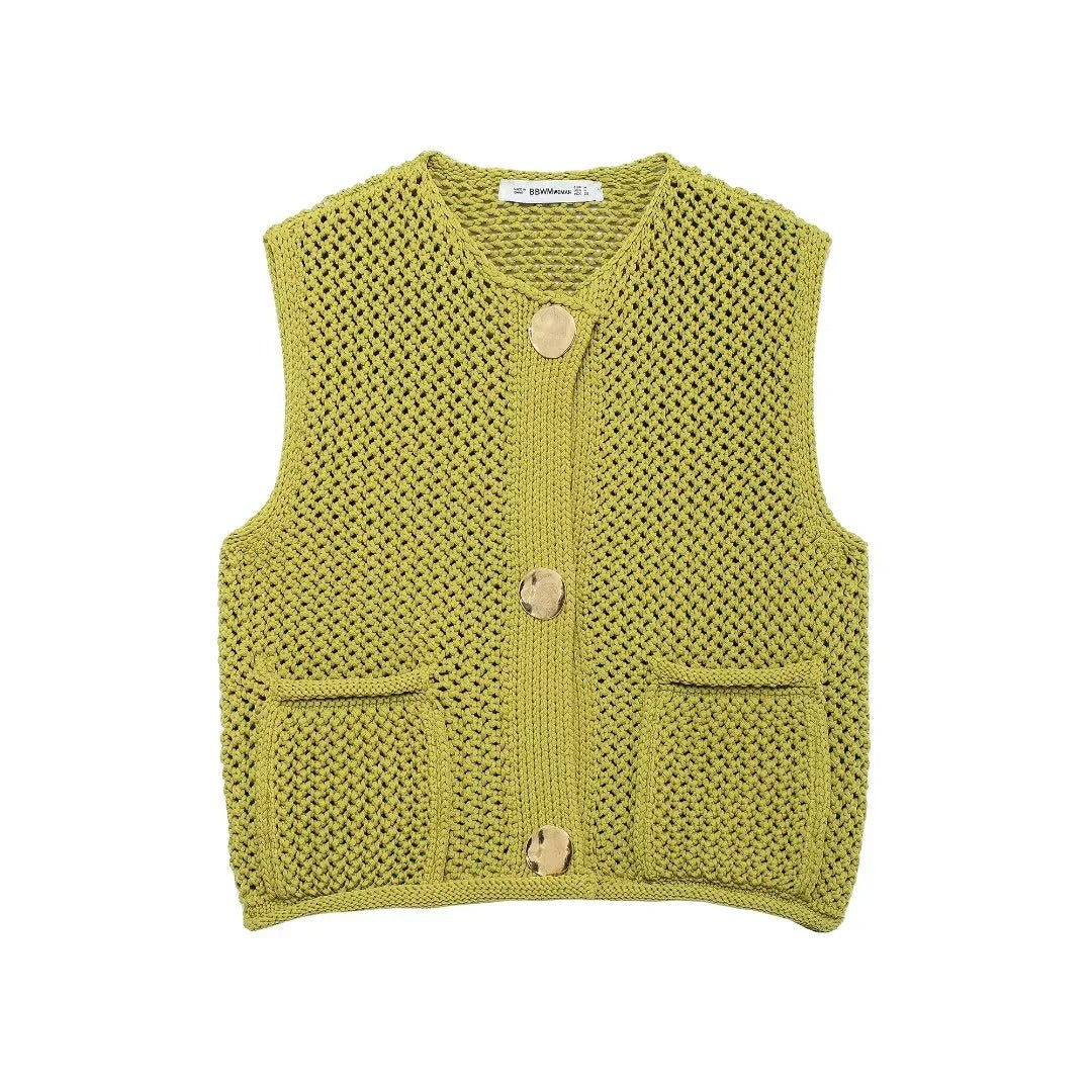 Stylish Crochet Cardigan Vest with Patch Buttons