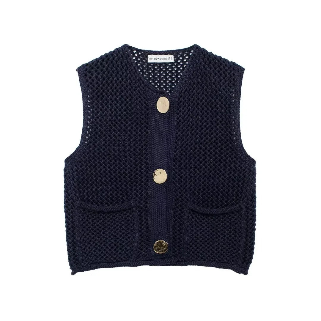 Stylish Crochet Cardigan Vest with Patch Buttons