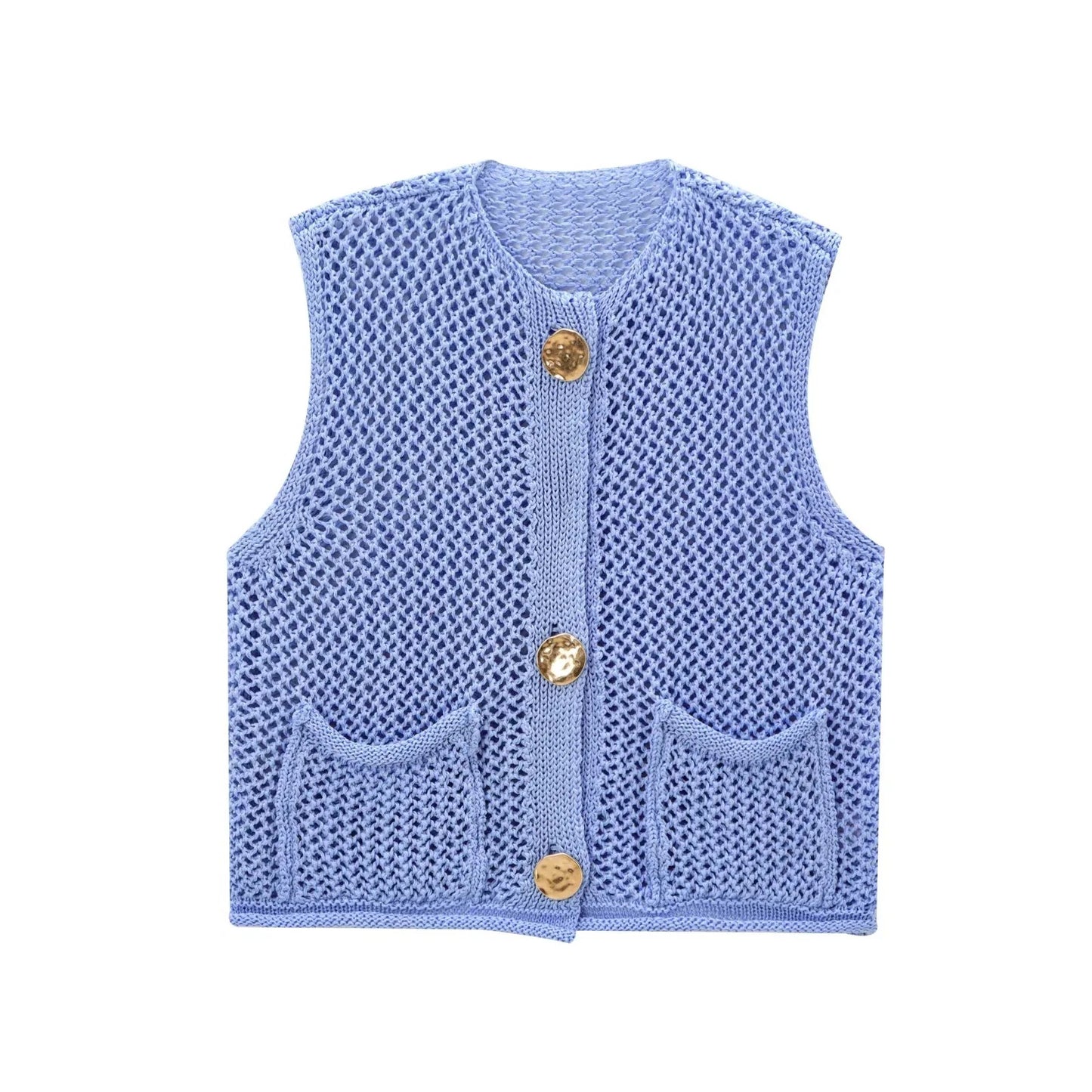 Stylish Crochet Cardigan Vest with Patch Buttons