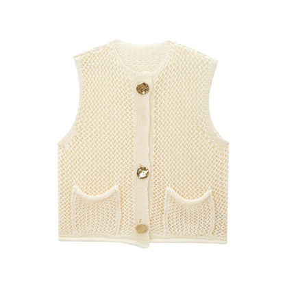 Stylish Crochet Cardigan Vest with Patch Buttons