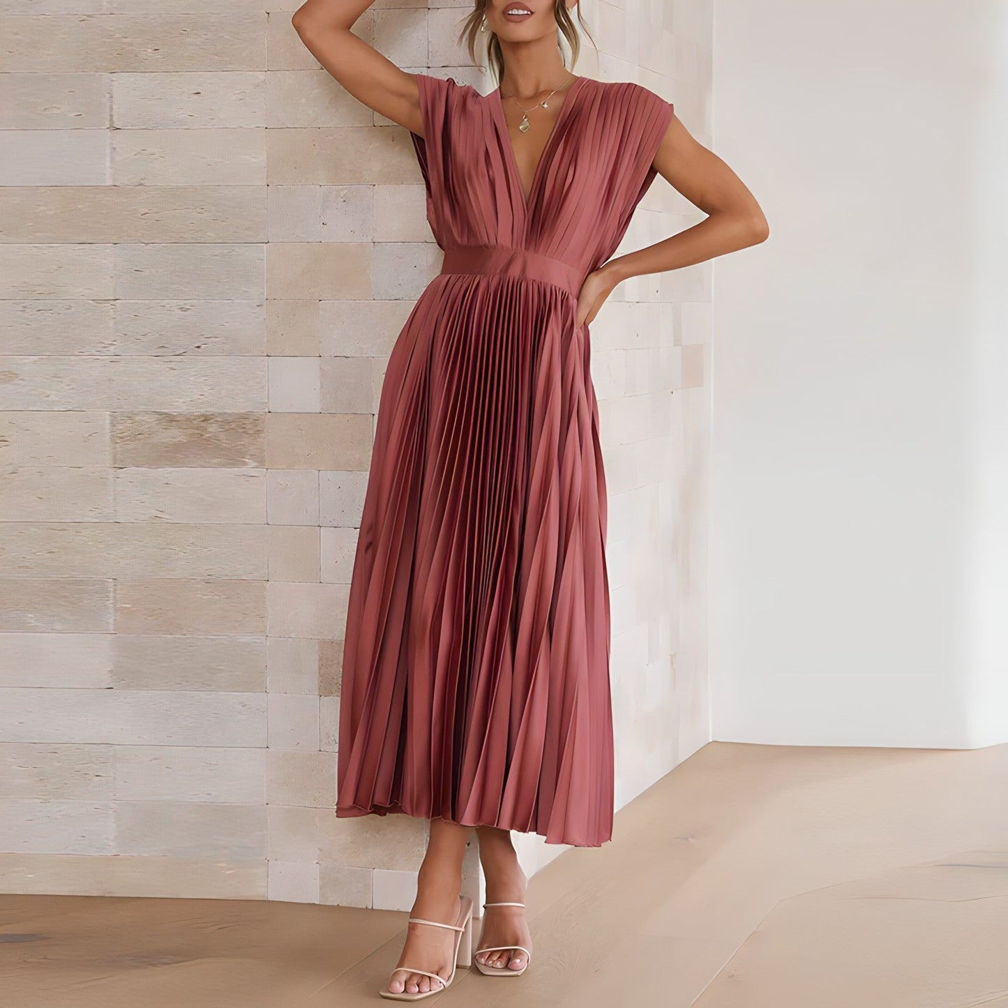 Élodie Lavin | V-Neck Pleated Maxi Dress